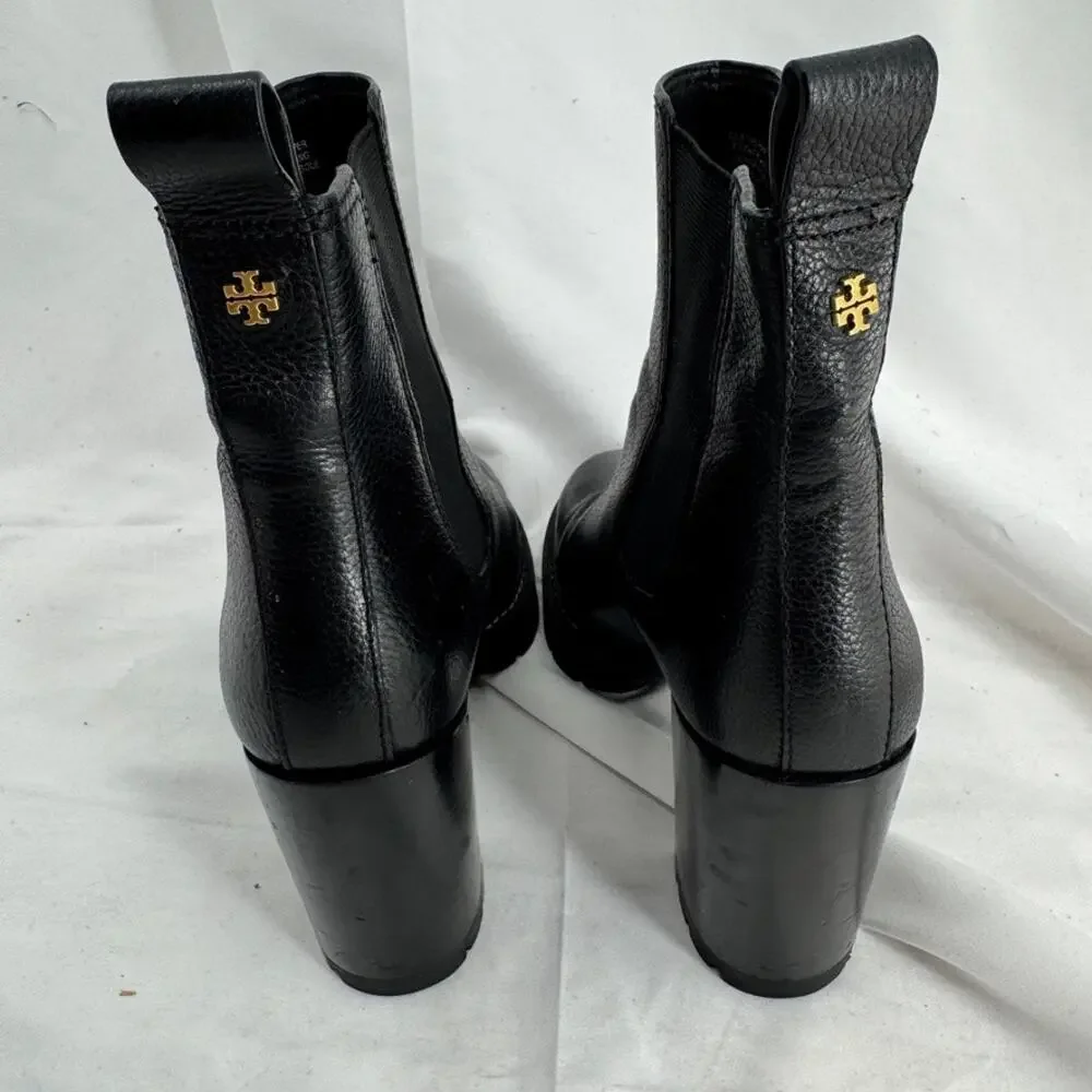 Tory Burch Chunky Lug Bootie Sz 8 Black Leather Ankle 70mm Miller